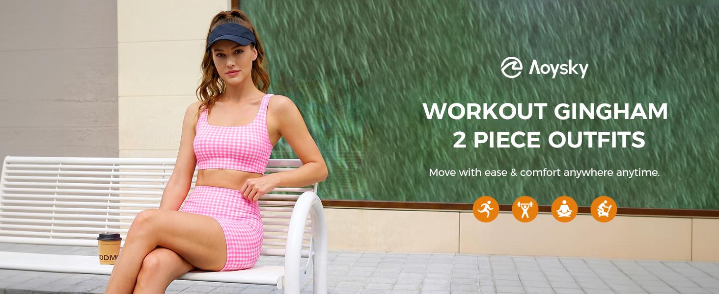 Aoysky Women's 2-Piece Gingham Workout Set - Padded Open-Back Crop Tank, High-Waist Sports Shorts, Women's Clothes, Open-Back Detail Flatters from Behind for Yoga, Two Piece Set