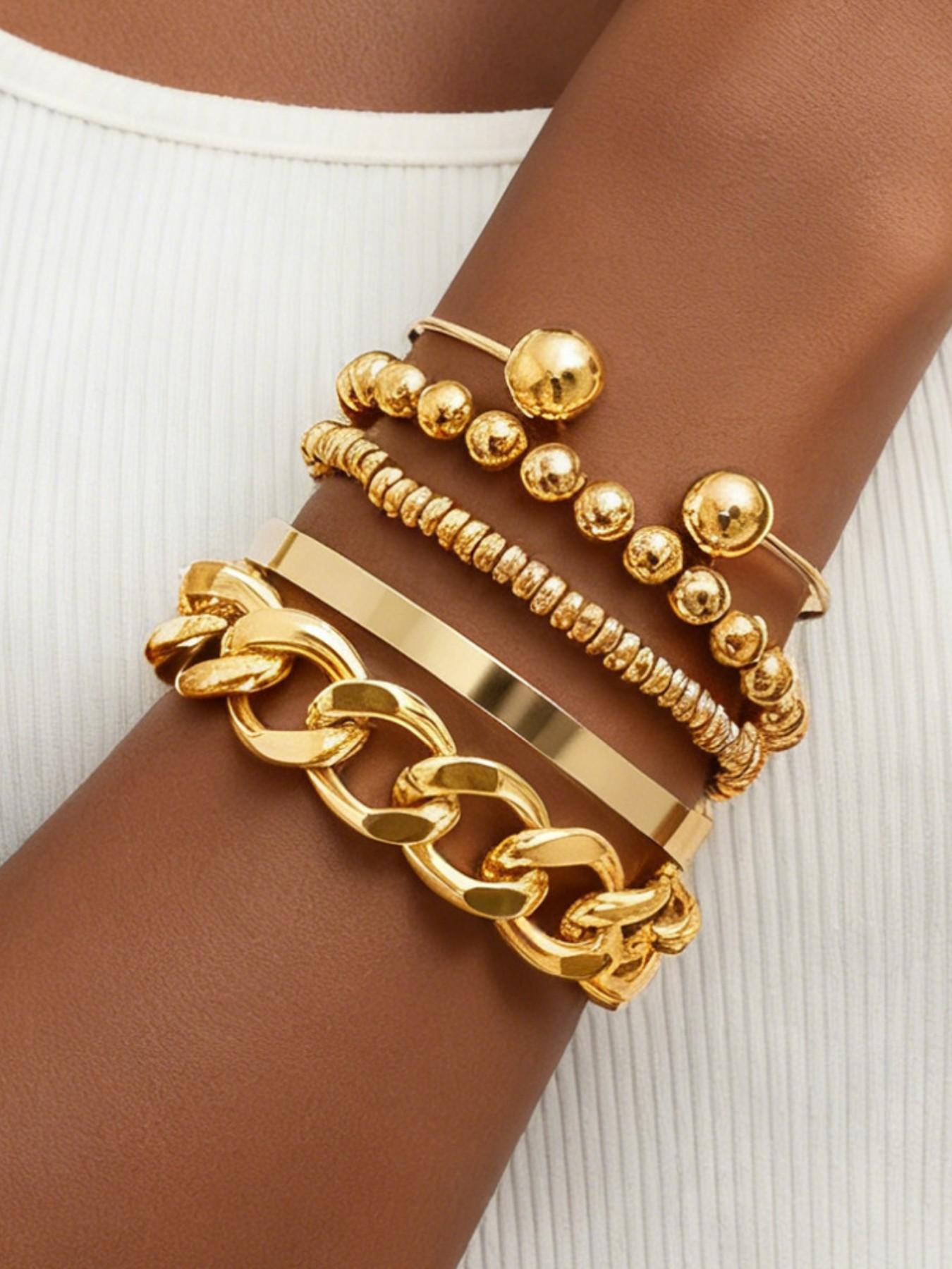 5-In-1 Vintage Punk Style Bracelet Set, Lightweight Ccb Beaded, Chain Bangle, Elastic Disc, Perfect for Women's Events & Gifts