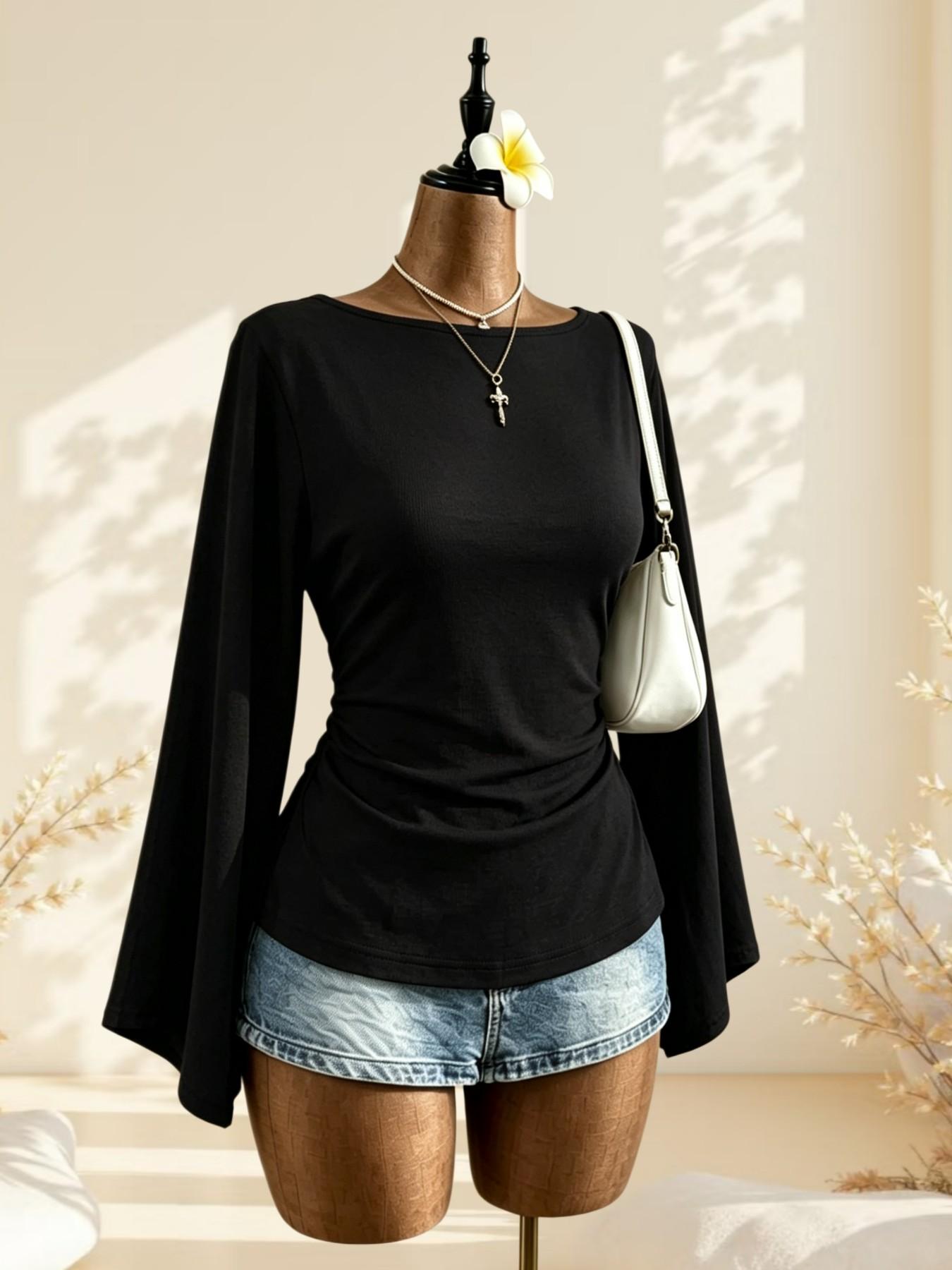 French Lazy Style Plain Color One-Shoulder Bell Sleeve Top, Side Pleat Waist Slimming Commuter Shirt, Choose 1/2 Pieces