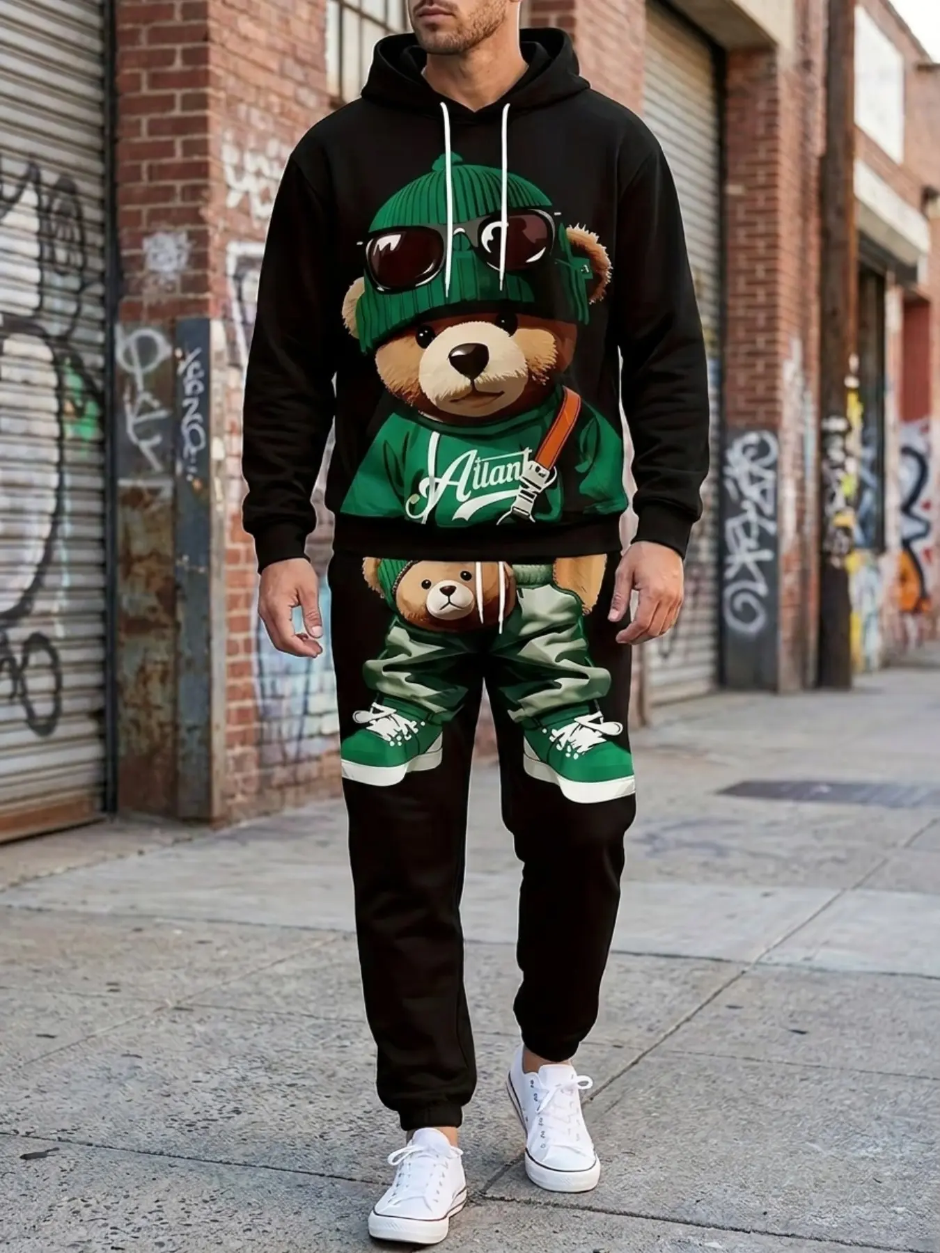 Men's Casual Bear Print Hoodie Set, Long Sleeve Slim-Fit Top & Pants, Streetwear Two-Piece, Comfortable Daily Wear