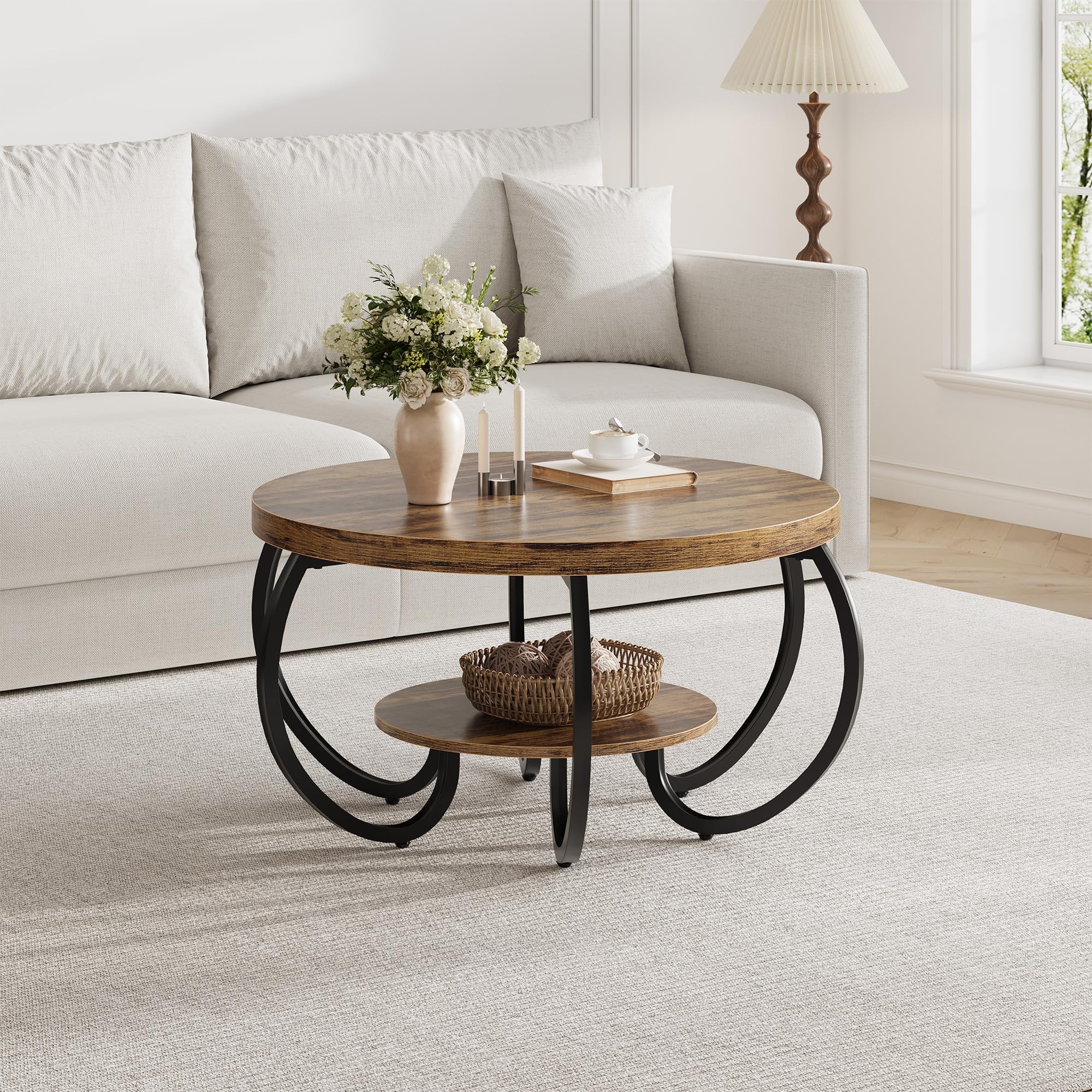 30 Inch Round Farmhouse Coffee Table with Storage Shelf, 2 Tier Rustic Wood Center Table with Curved Metal Legs, Compact Living Room Furniture for Small Spaces Apartments Office