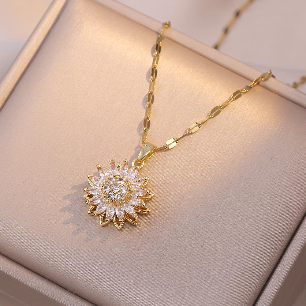 Women's Necklace, New Style Sunflower Diamond-encrusted, Rotatable Collarbone Chain Jewelry, Japanese and Korean Style Cross-border, Ins Ring, Sunflower