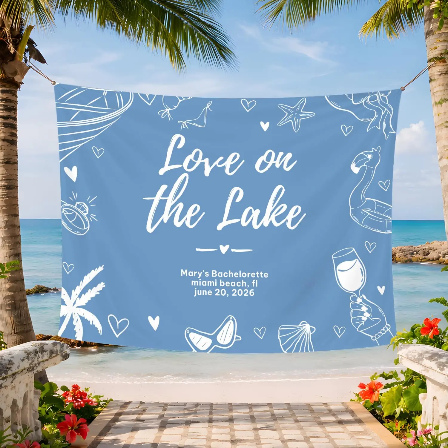 MADEITHOM Personalized Love On The Lake Bachelorette Party Tapestry, Custom Name Beach Backdrop Banner, Bride To Be Summer Bach Party Decoration, Tropical Bridal Shower Wall Decor