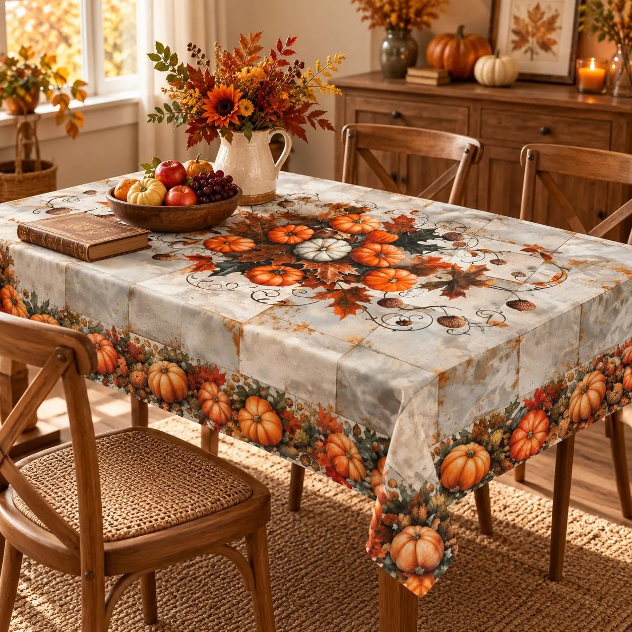 Beige Rectangular Thanksgiving Pumpkin Harvest Tablecloth - Smooth Fall Dining Cover with Orange, White Pumpkins, Maple Leaves, Acorns, Rustic Vine Scrolls, Autumn Border - Home Supply for Kitchen Parties, Decoration