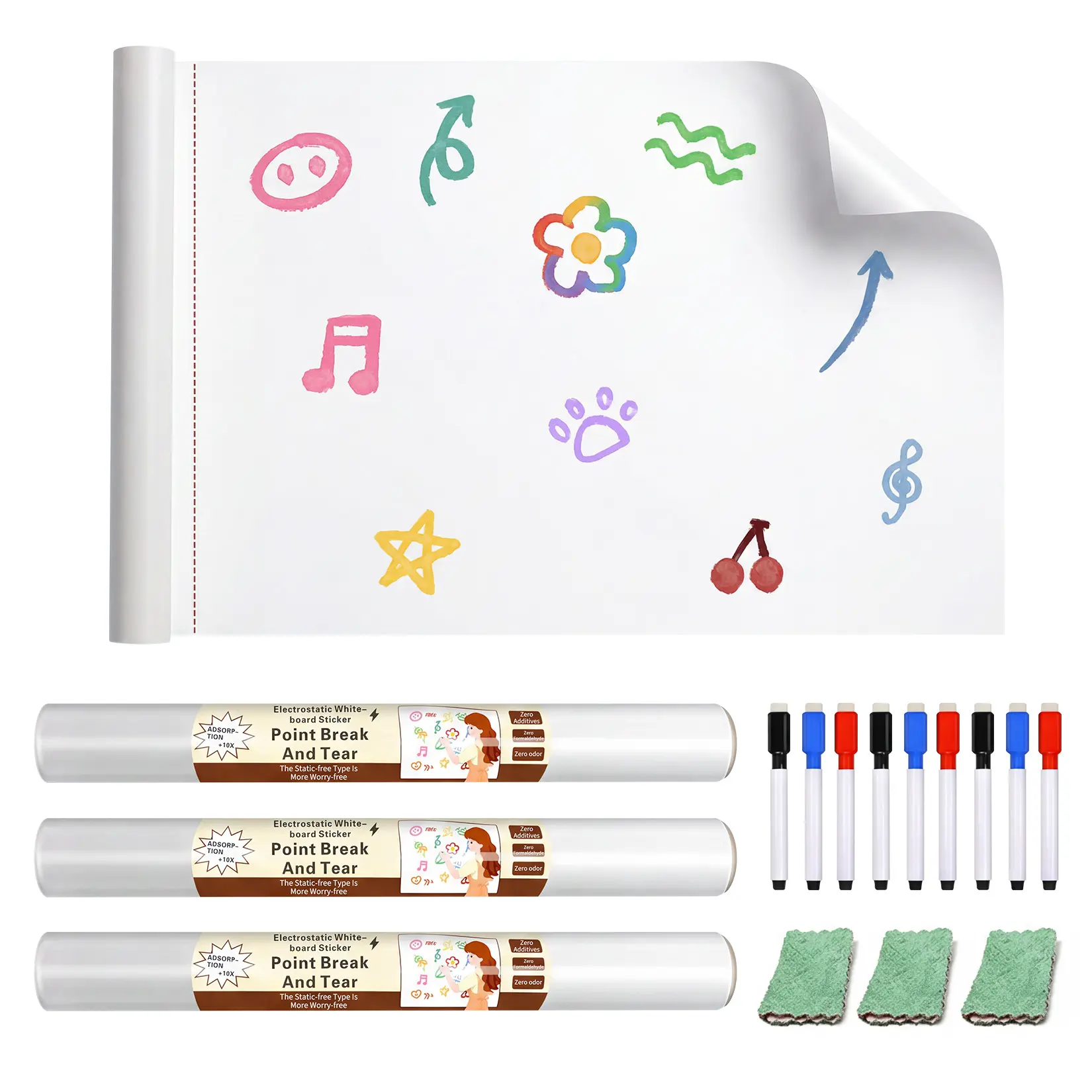 Static Cling Dry Erase Whiteboard Wallpaper - Removable Reusable PP Whiteboard Contact Paper, 3 Rolls (31.5 x 17.7 in / 45 x 80 cm), 15 Sheets/Roll - 9 Markers + 3 Cloths