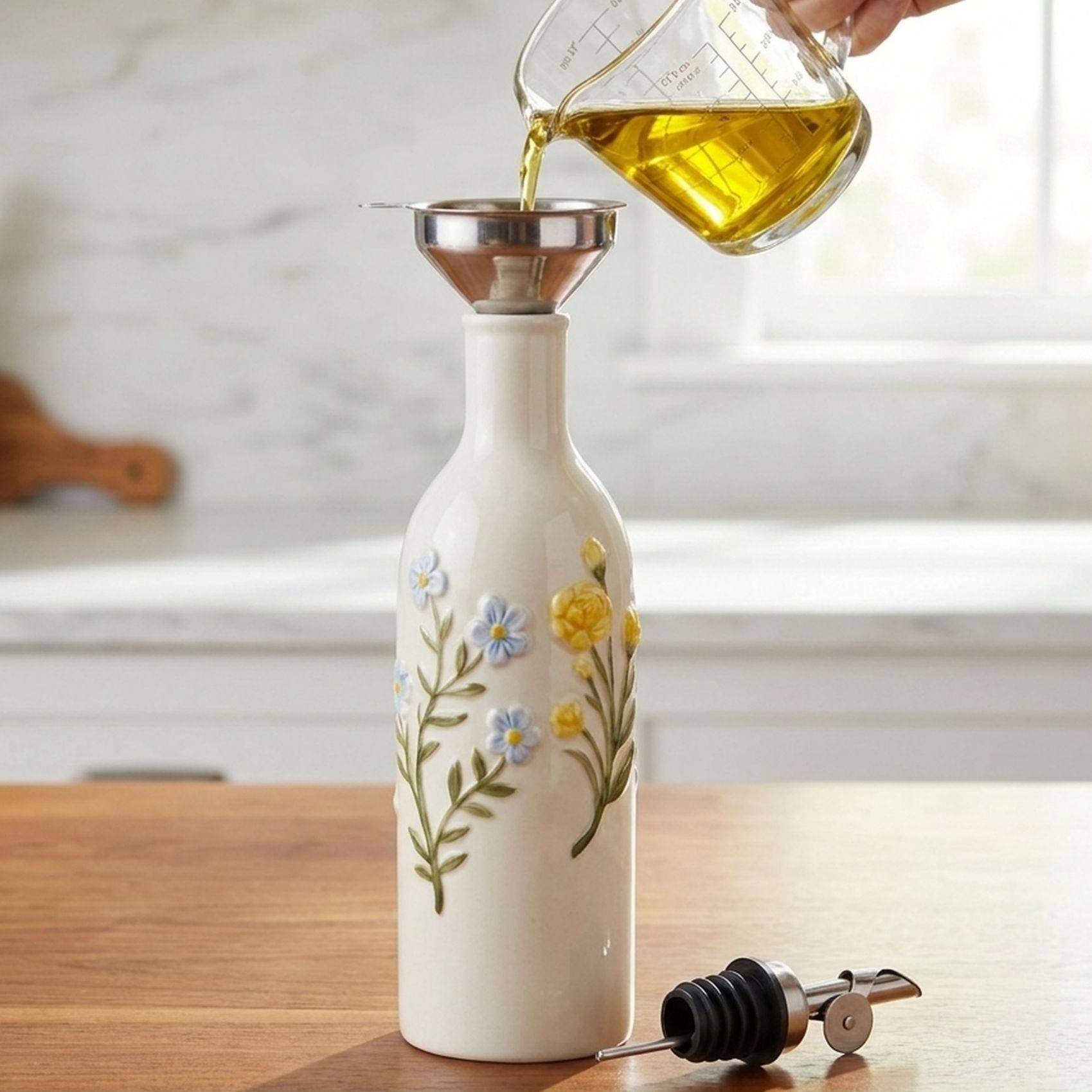 Rustic Wildflower Ceramic Oil Bottle, Automatic Flip Lid, Adjustable Spout, Ideal for Salad Dressing & Daily Cooking