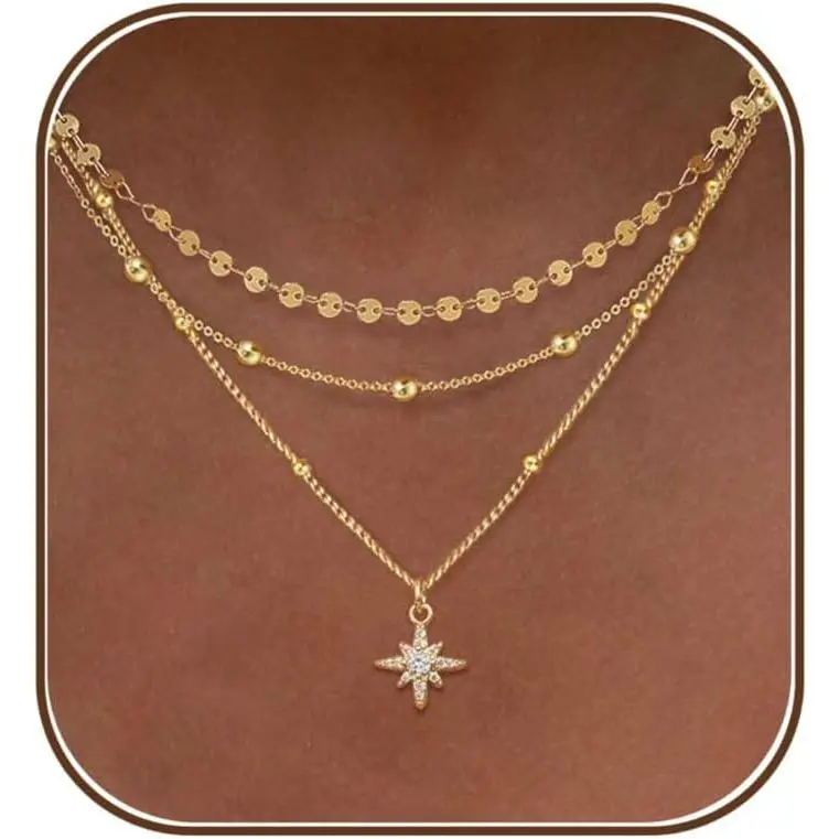 Layered Necklaces for Women, Dainty Gold Necklace Stack 14k Gold Plated Layering Pendant Necklace Set Simple Statement Gold Necklaces for Women Trendy Fashion Waterproof Gold Jewelry