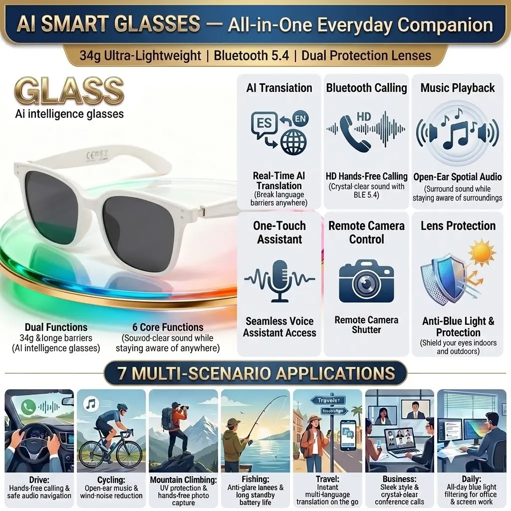 SENBONO Smart Glasses, Wireless Glasses, Polarized Bluetooth Sunglasses with Microphone & Speaker, UV Protection, Auto Pairing, AI Translation, Voice Assistant