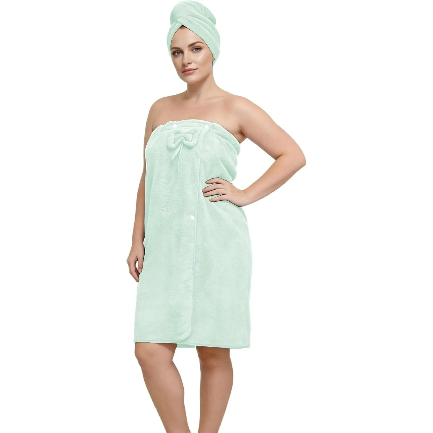 Plus Size (XL-2XL) Fleece Body Towel, Wearable Hair-Drying Bath Towel & Spa Bath Robe, Light Green, Ideal Gift for Home Bathroom Supplies