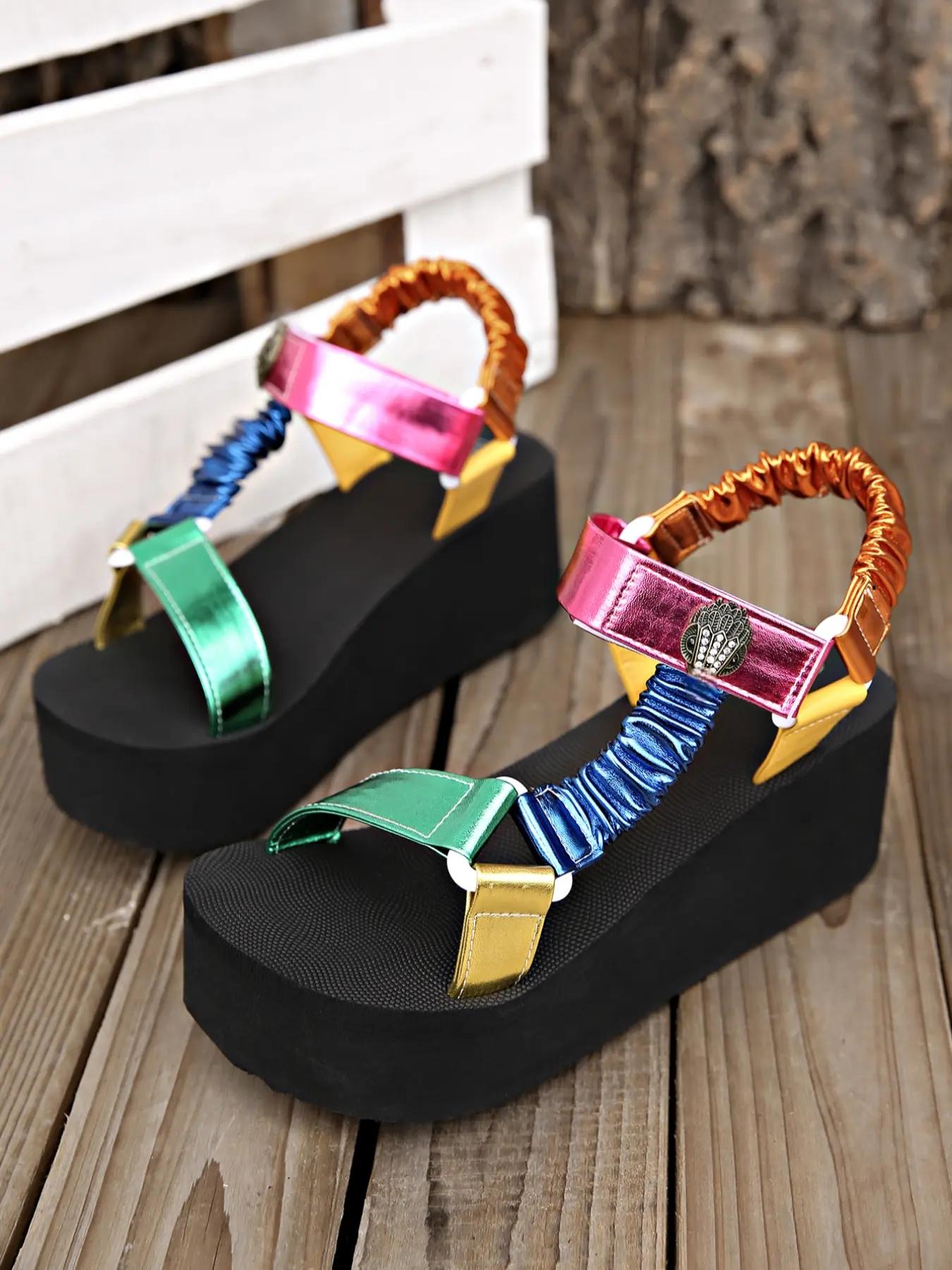 Women's summer bright fashion thick-soled Open Toe Platform sandals with a metal buckle, bright color splicing, outdoor Roman shoes, light and comfortable, hollow breathable beach shoes.