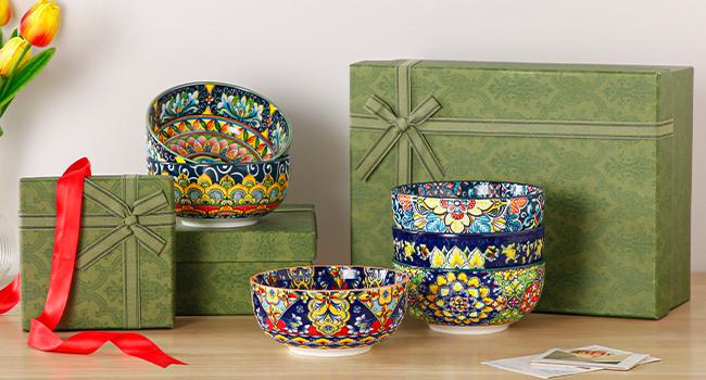vancasso Cereal Bowls Set of 6, Bohemian Ceramic Soup Bowls, 28 oz Colorful Bowls Set for Kitchen, Dishwasher & Microwave Safe for Salad, Pasta, Rice, Oatmeal, Fruit Tableware