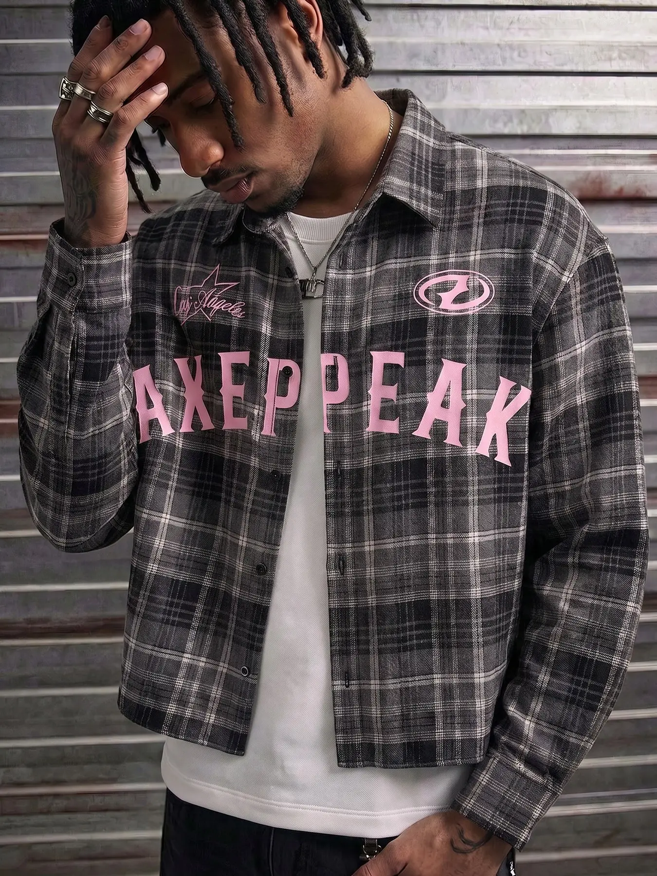 Men American Vintage Plaid Print Cropped Jacket,Loose Drop‑Shoulder Collared Streetwear Shirt‑Style Outerwear