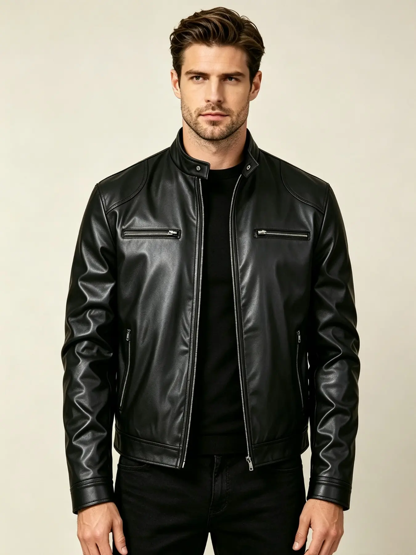 Men's Stand Collar Motorcycle PU Jacket, Slim-Fit Zipper Design, Long Sleeve Casual Outerwear, Street Style Leather Coat