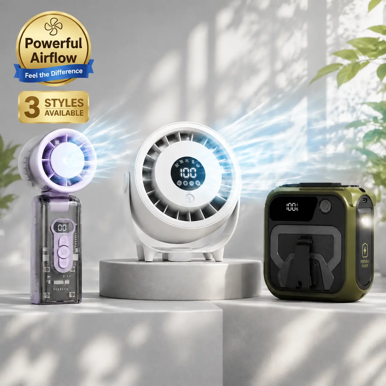3‑Style Rechargeable Portable Fan, Handheld Mini Fan / Desktop Circulator Fan / Waist Hanging Work Fan, Digital Display, Multi‑Speed Adjustable, USB Rechargeable Personal Cooling Fan for Outdoor Travel Camping Job Site