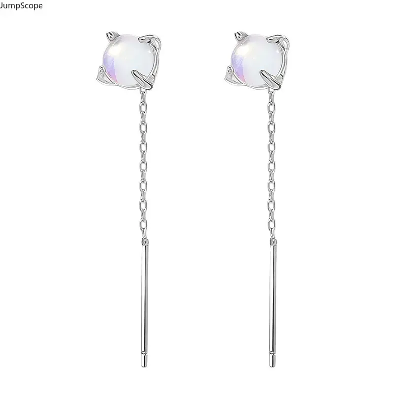 Silver Aurora Moonstone Threader Earrings, 4-Prong Round Iridescent Color Shifting Cubic Zirconia Short Tassel Drop Ear Line, Minimal Dainty Anti-Loss Dangle Ear Jewelry For Students Daily Commute Office Women Gift