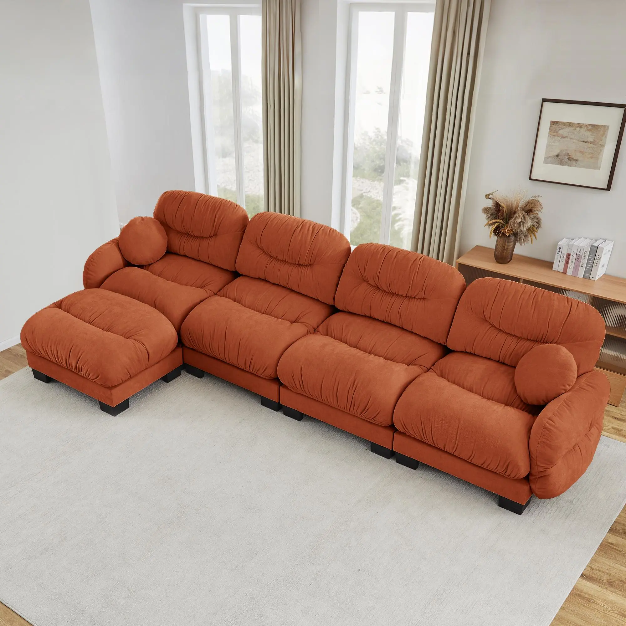 Orange Chenille 4-Seat L-Shape Modular Sectional Sofa with Ottoman, Pleated Backrest, Curved Armrests, and 2 Round Throw Pillows for Living Room