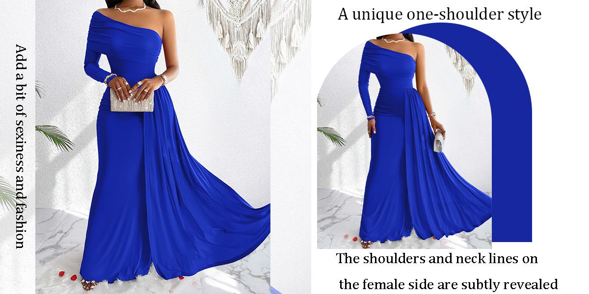 Aliling Women's Elegant Christmas Evening Dress, Asymmetrical One-Shoulder Maxi Gown, High-Waisted Ruched Long Dress, Formal Wear