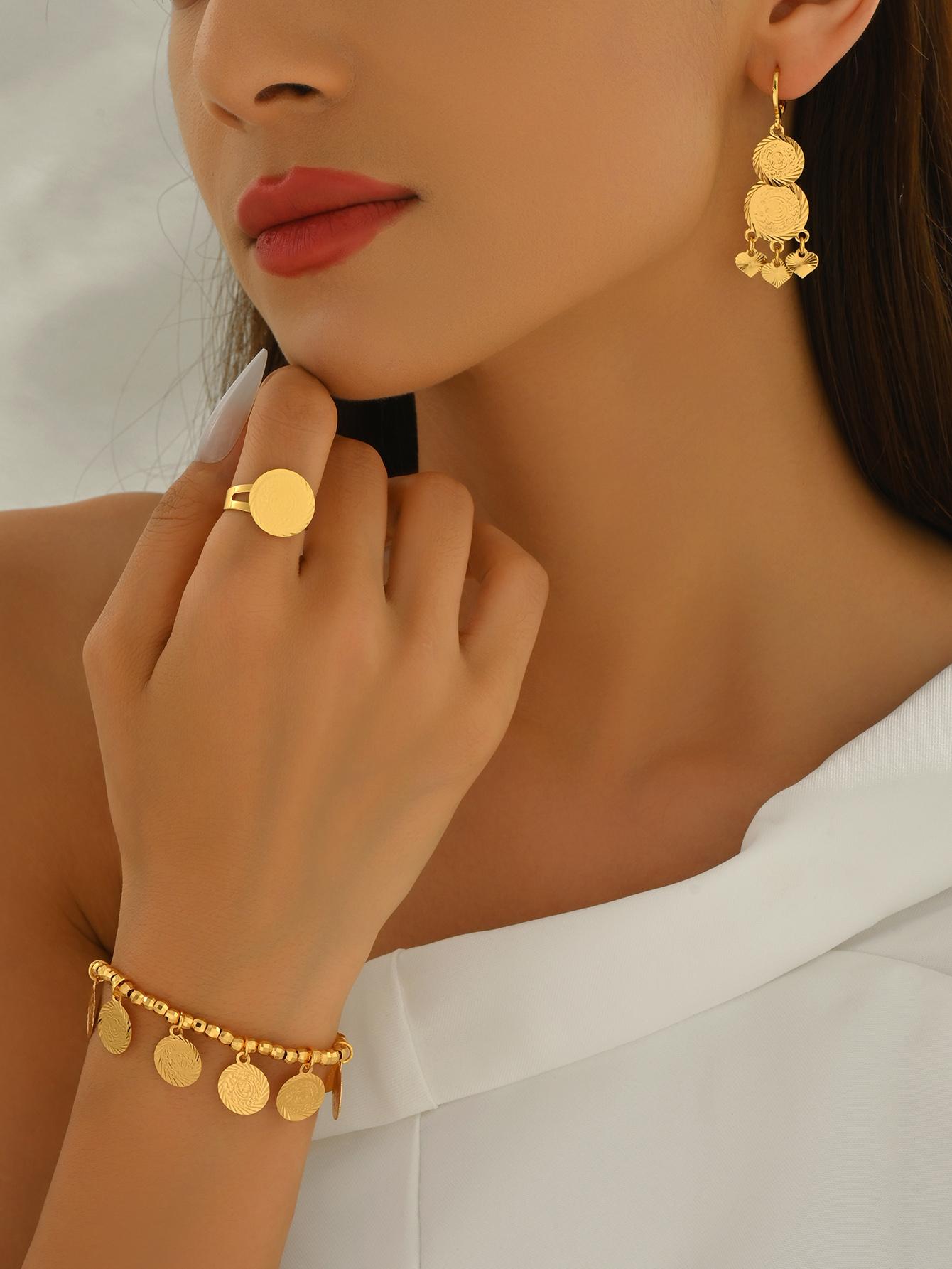Vintage Coin Design Jewelry Set, Bracelet Ring Earrings, Casual Style Accessories for All Seasons, Copper Chain Material, Glamour Set