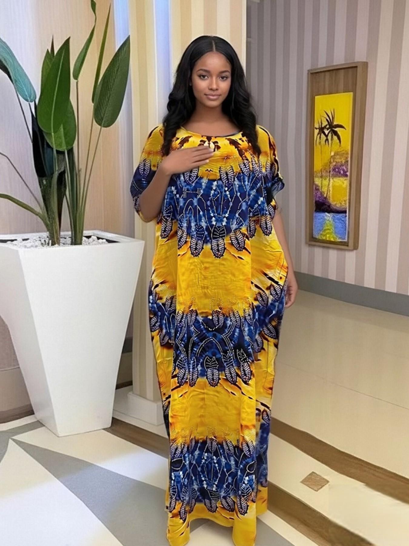 Summer New Fashion African Kaftan, Plus Size Loose Print Rhinestone Dress, Breathable Comfortable Elegant Party Long Dress, Matching Scarf Fringe