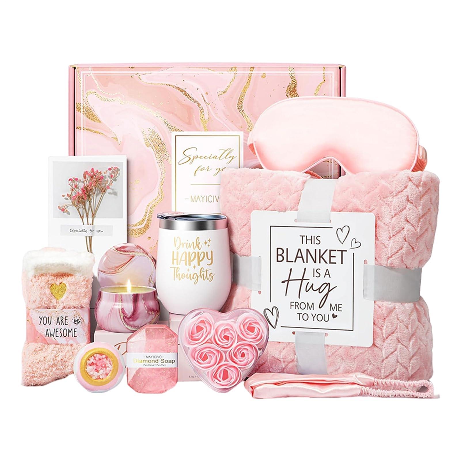 Women's Birthday Gift Set, Self-Care Spa Basket with Luxury Flannel Blanket, Unique Christmas Present for Mom Friend Sister Wife Grandma, Party Gifts
