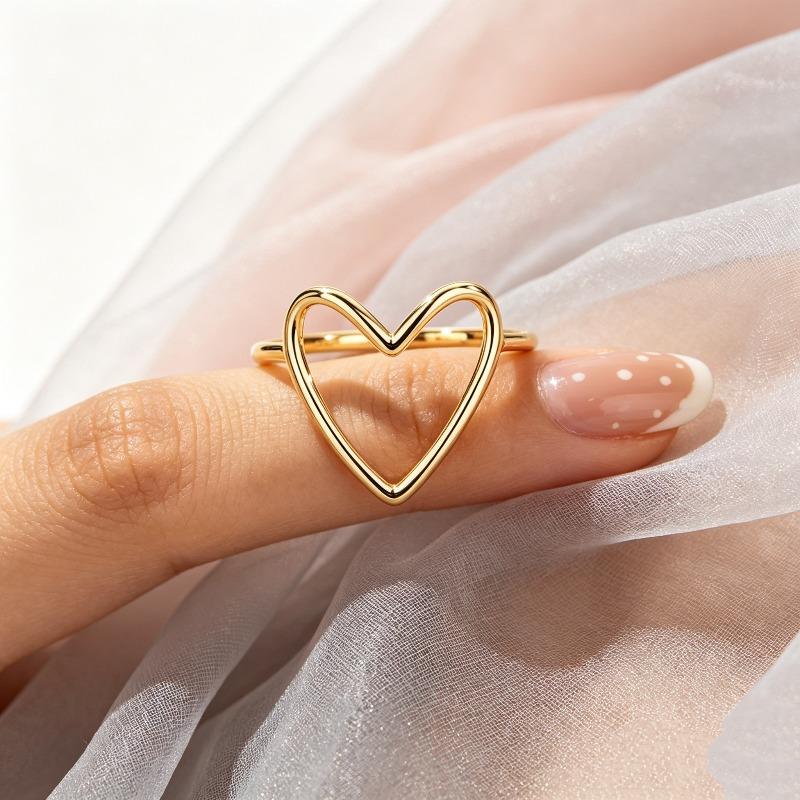 Hollow Big Heart Polished Thin Gold Band Minimalist Gentle Statement Ring, Soft Promise Ring, Simple Anniversary Ring, Stackable Ring, Slim Dainty Jewelry for Valentine Dates, Christmas Gifts and Daily Stacking Travel Looks