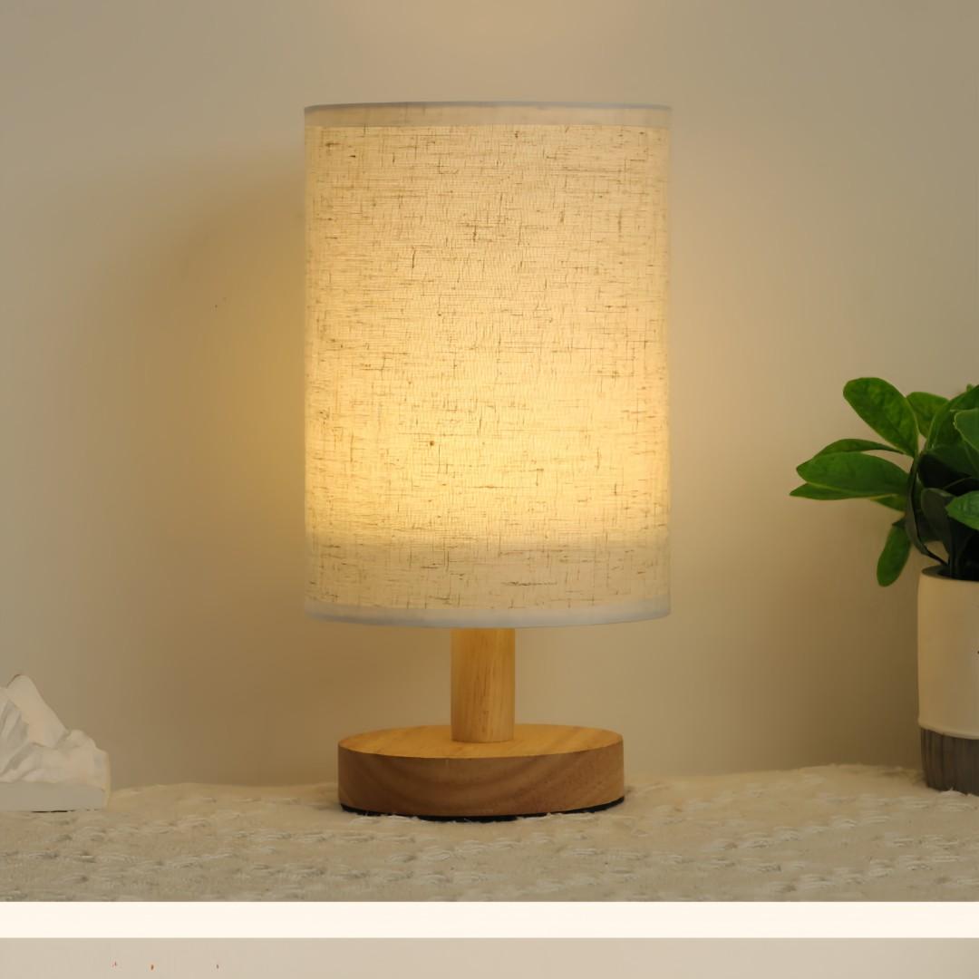 USB Bedroom Night Light, Linen Shade, Wooden Base, LED Lamp, Tabletop Installation, Ideal for Reading, Living Room, Office