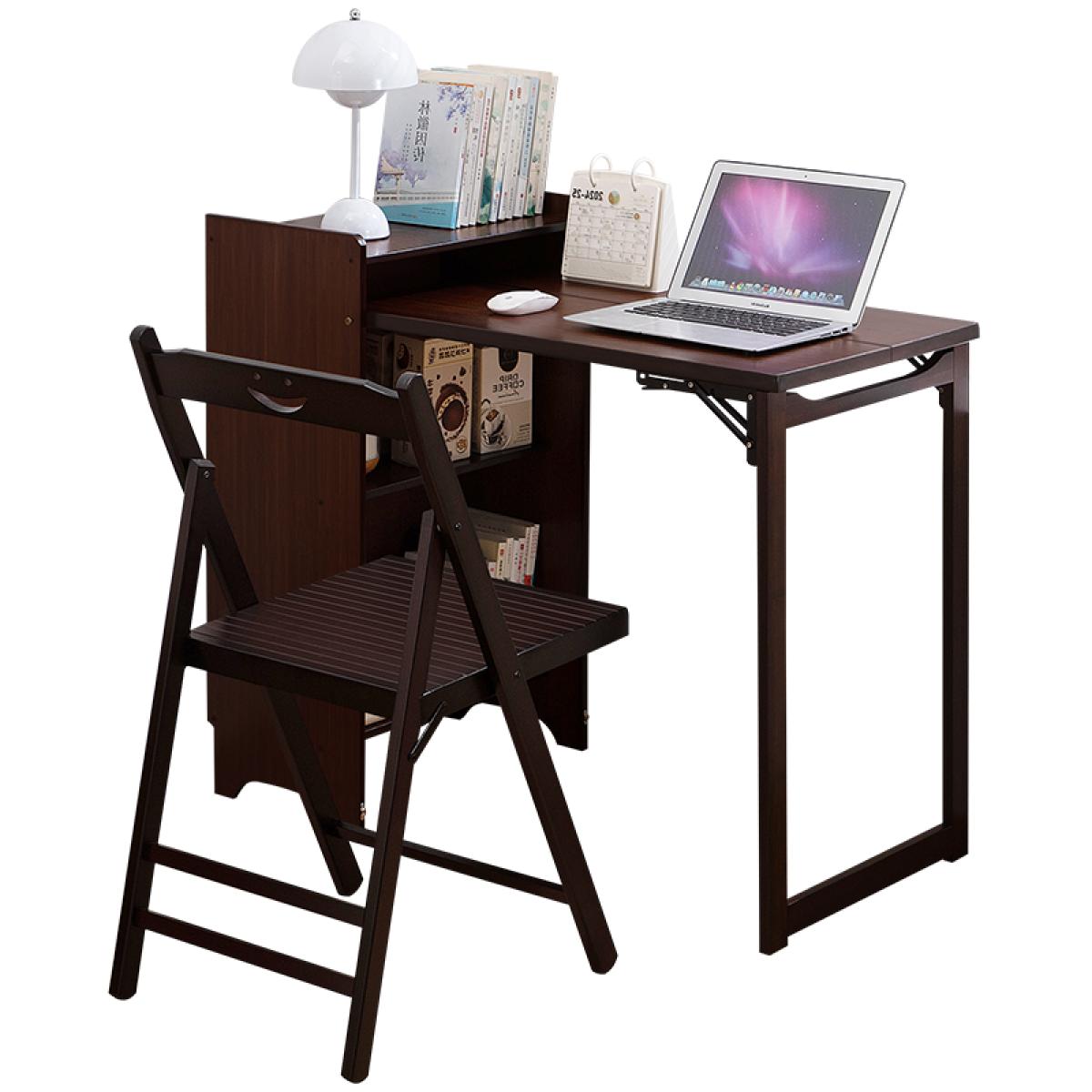 Bamboo Folding Desk, Foldable Desk for Small Space, Computer Desk with Hidden Storage, Mid Century Foldable Table for Home Office and Bedroom (Walnut Brown)