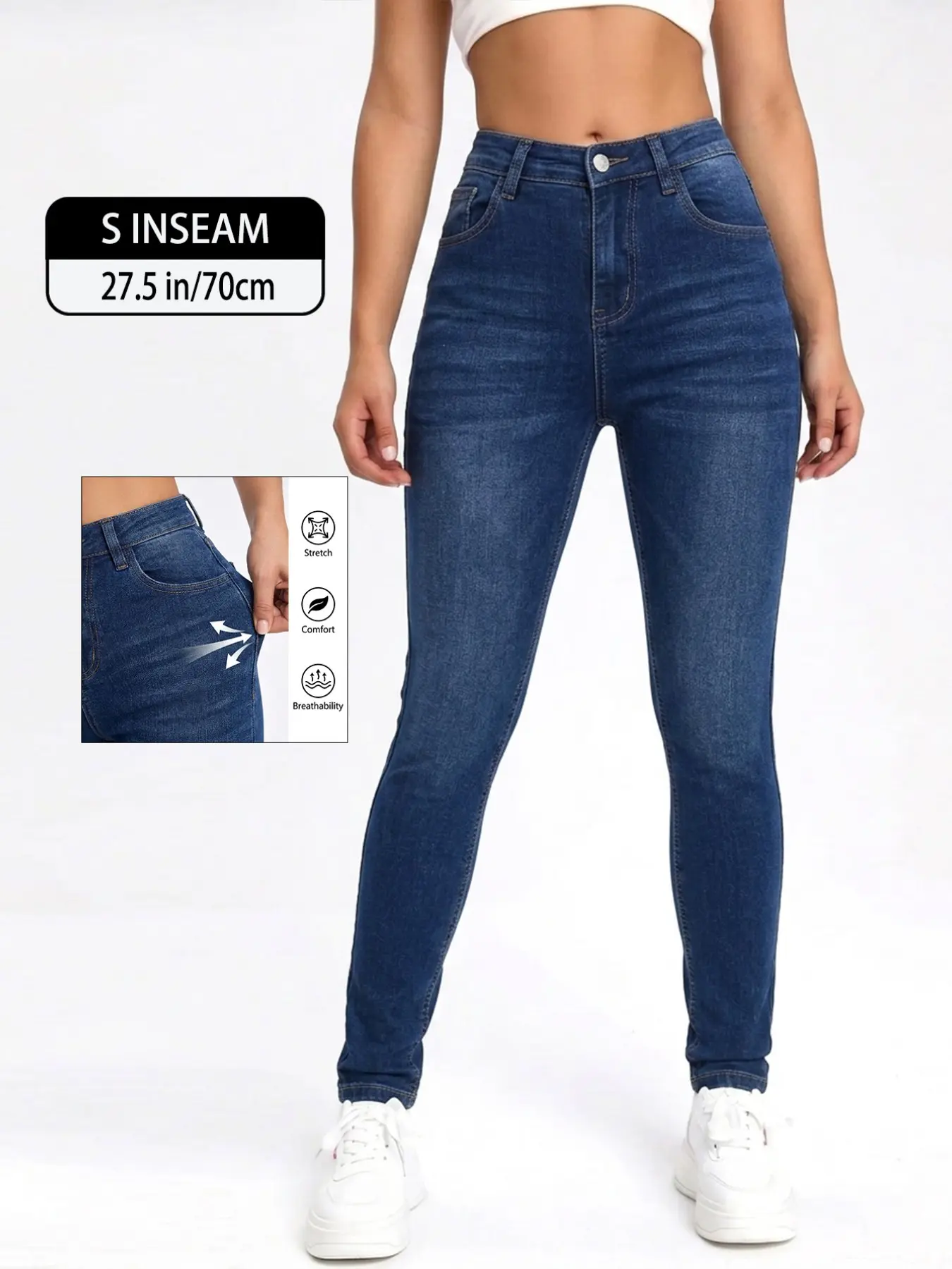 Women's Denim Long Pants with Pocket, Slim-Fit Elastic Jean, Mid Waist Zipper Fly, All Seasons Casual Wear, Comfortable Stretch Fabric