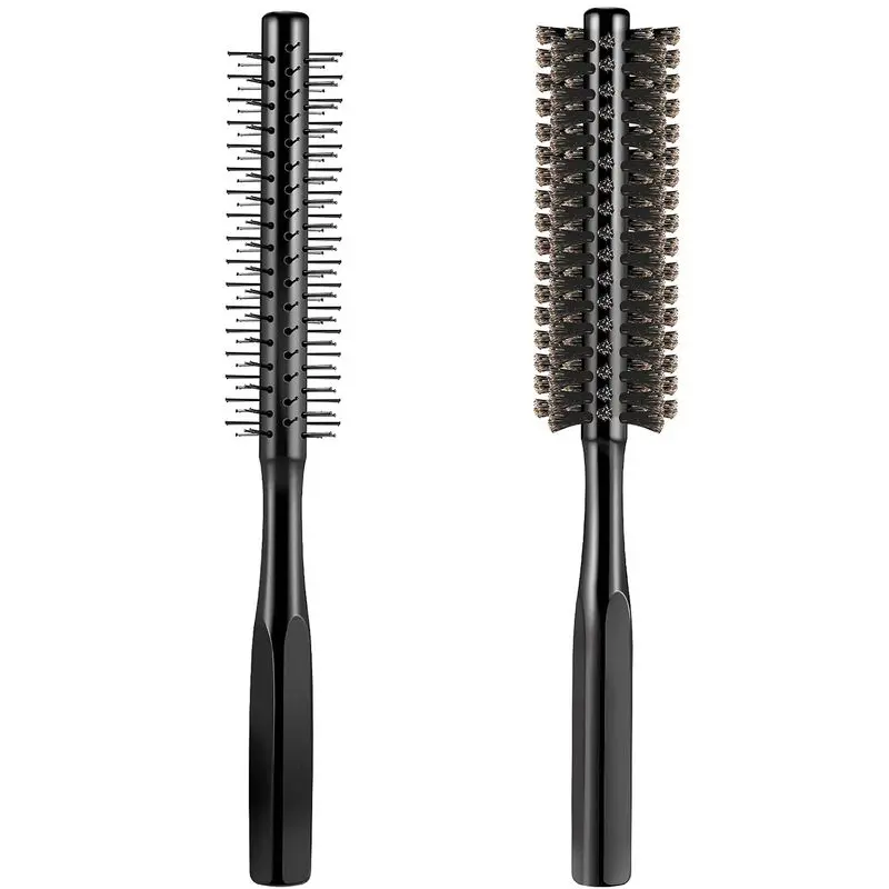 2-Piece Thickened Round Comb Set, Bristle-Nylon Mixed Material, Black Blow-Dry Use Tool - Scalp Massage Tool, Ideal for Bangs & Beard Grooming, Volumizing, Portable