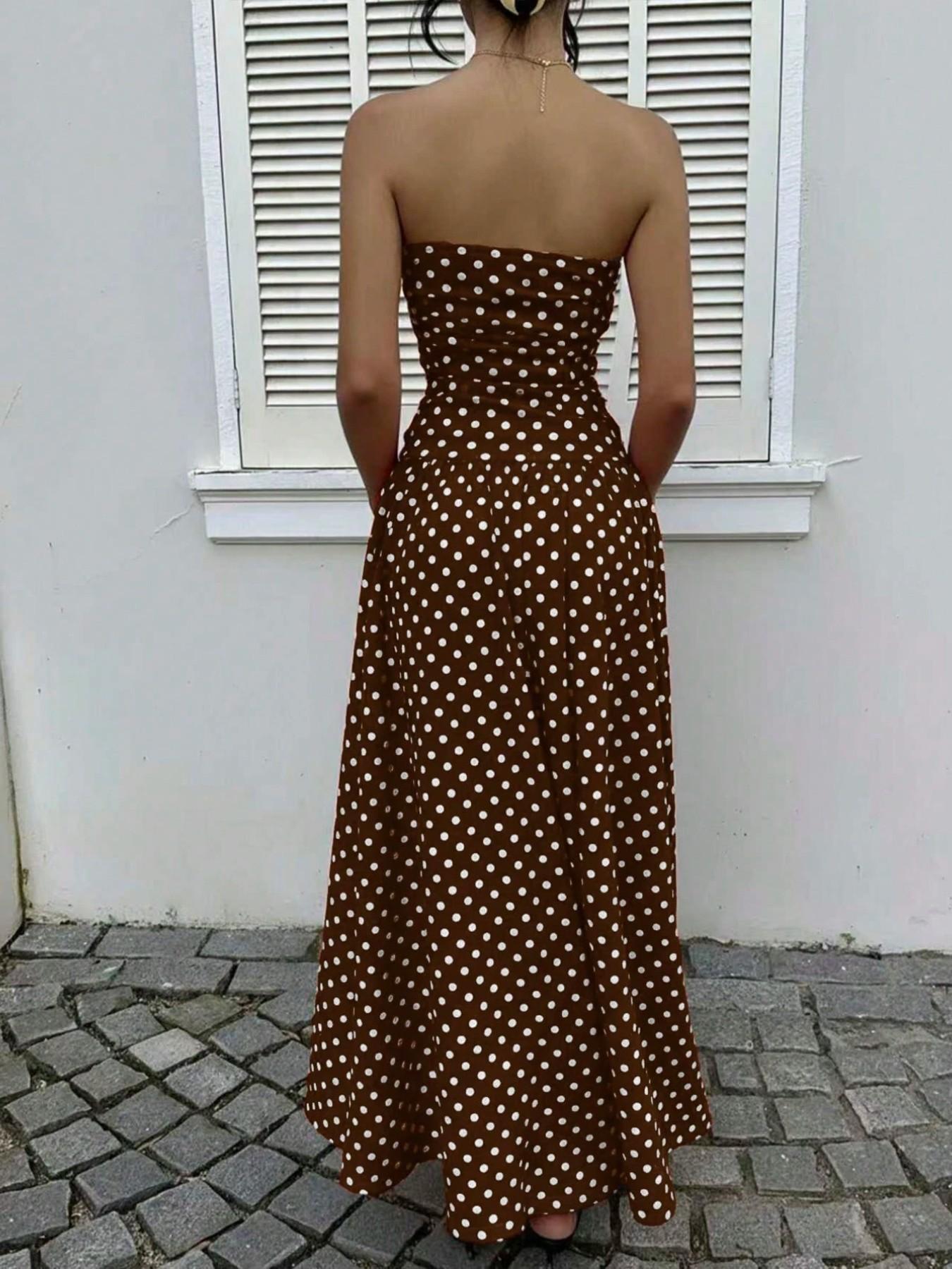 Women's Elegant Chic Fashion Polka Dot Strapless Dress, Stylish Sleeveless Maxi Dress for Parties and Casual Wear Womenswear, Elegant Evening Dress