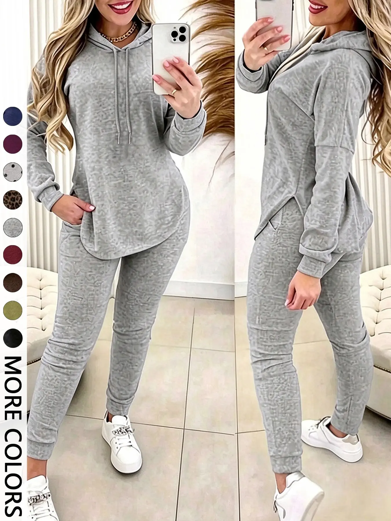 Women's Solid 2-Piece Outfit, Drawstring Hooded Long Sleeve Top & Slim Fit Casual Pants, Chic Matching Set for Daily Workout and Casual Wear