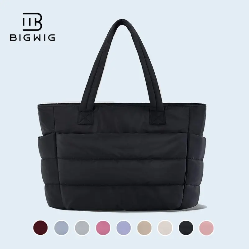 BIGWIG Women's 20L Athletic Chic Quilted Puffer Laptop Tote - Lightweight Modest Work Bag with Adjustable Strap, Handle, Multiple Compartments, Zipper Closure, Anti-Theft, Power Bank Compatibility, Umbrella & Water Holders, Casual Commuter Bag