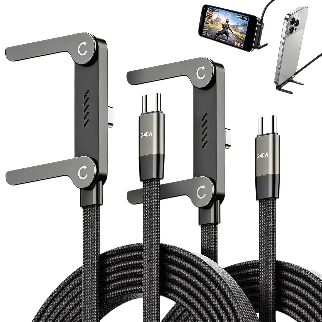 240W High-Efficiency Cellphone Charger Cable Kit - 2-in-1 Invisible Holder, Gaming Stand, USB Type-C Nanofiber Fast Charging Cord, Car Travel Adapter for iPhone, Samsung Smartphones (Black)