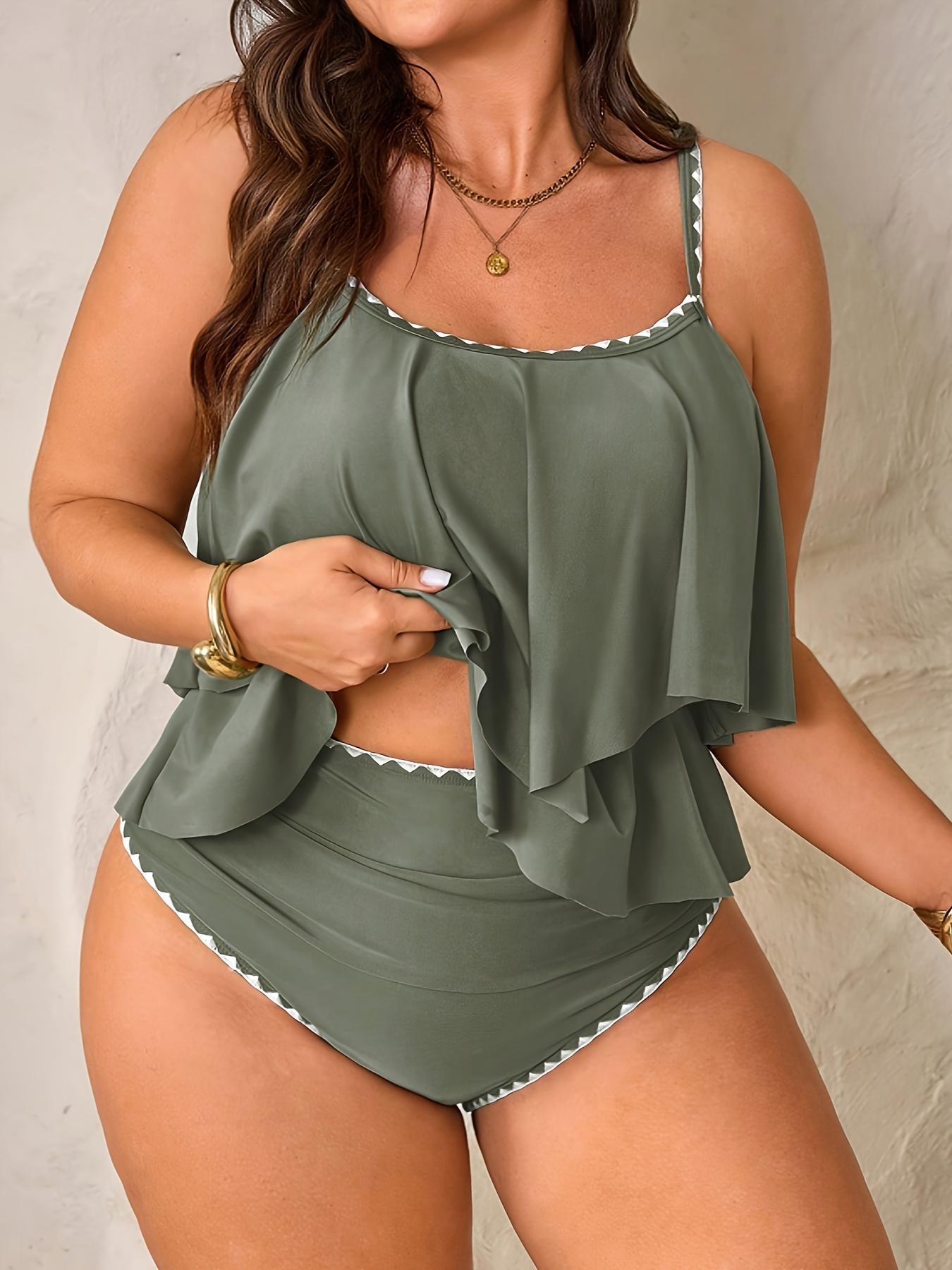 Women's Plus Size Fashion Elegant Slimming Backless Ruffle Two-Piece Tankini Swimsuits Set, Sexy Push Up Style Swimwear Set