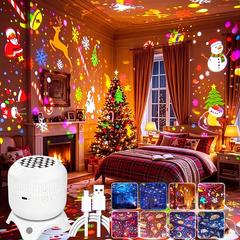 1PC Christmas Ceiling Projector Night Light, 8-In-1 LED Projection Lamp with 8 HD Pattern Films, USB Ceiling/wall Dual-use, Suitable for Christmas, Halloween, Birthdays, Snowflakes, Cars, Butterflies, Starry Sky and Other Scenes
