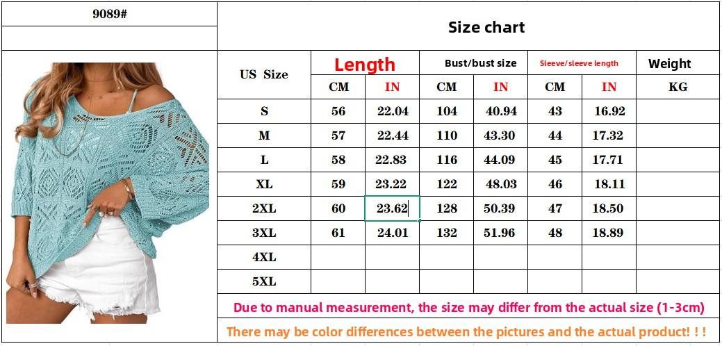 Women's Spring/Summer Crochet Hollow Out Three-Quarter Sleeve Pullover Sweater Batwing Sleeve Vacation Style Intellectual and Gentle Style