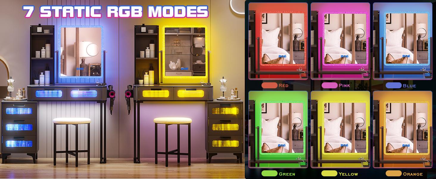 Vlsrka RGB Makeup Vanity Table with Wireless Charging Station, LED Vanity Make up with Visible Desktop,7 Dynamic and 7 Static Dimmable Vanity Table Set with 5 Drawers, Girls' Dream Vanity Furniture Organization Storage Modern Minimal Interior