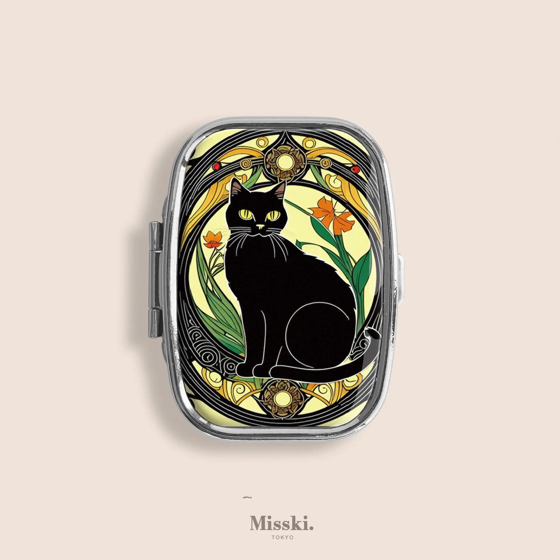 Art Nouveau Black Cat Art Small Pill Box Ring Trinket Stash Organiser Medicine Vitamins Gum Tic Tacs Mint Metal Case Holder
