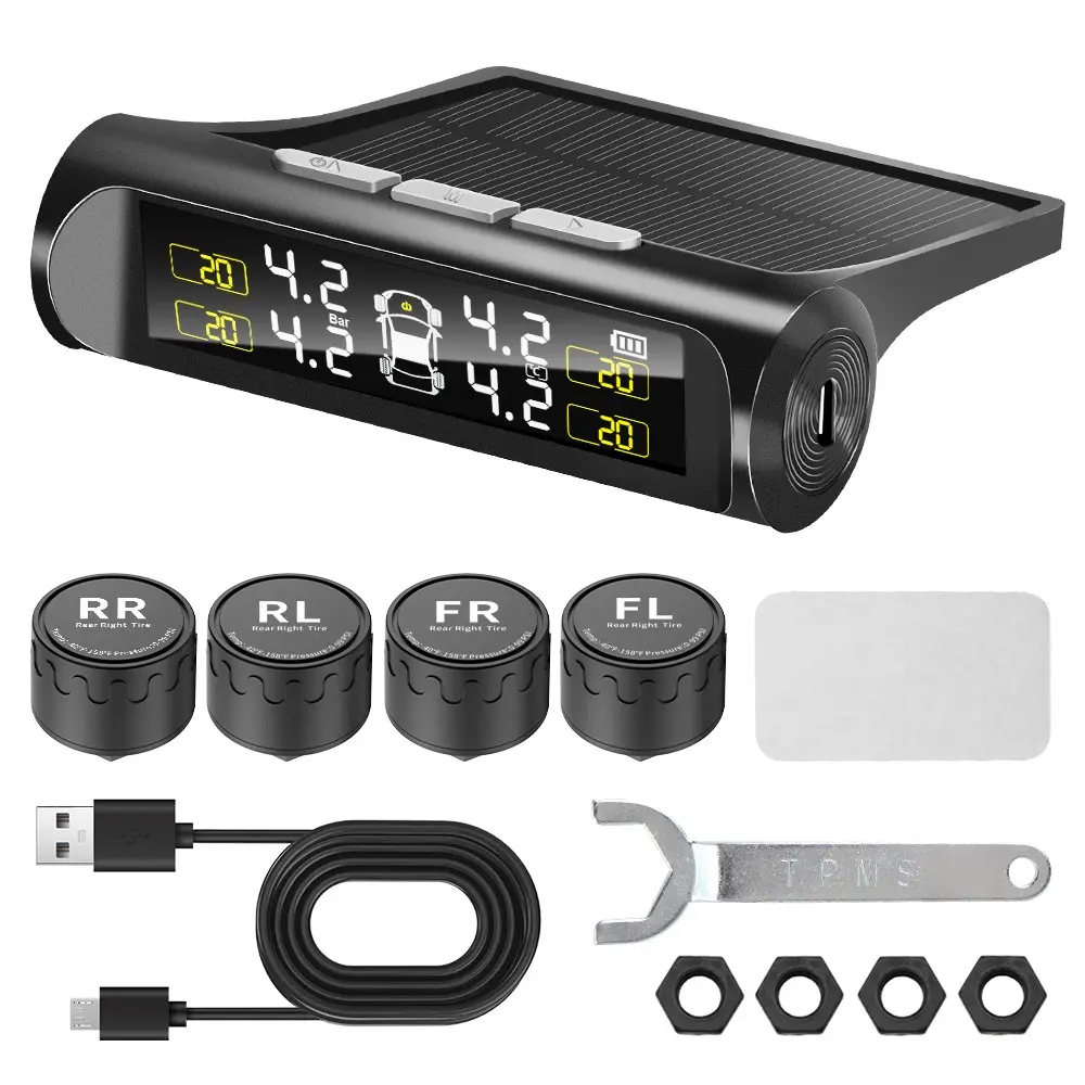 Solar Powered Car Tire Pressure Monitoring System, Digital LCD Display with 4 External Sensors, Tire Diagnostic Tools Kit, Vehicle Safety, Preventive Maintenance, Vehicle Accessories, Auto Parts