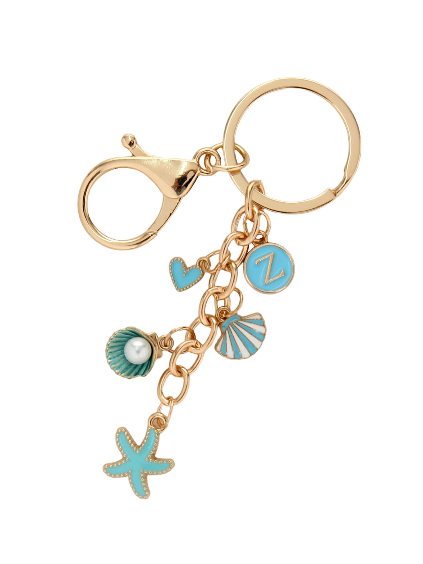 Aluminum Alloy Keychain with Starfish Shell Pearl Charm, 26 Letter Design, Ocean Theme, Handbag Accessory, Unique Gift Idea