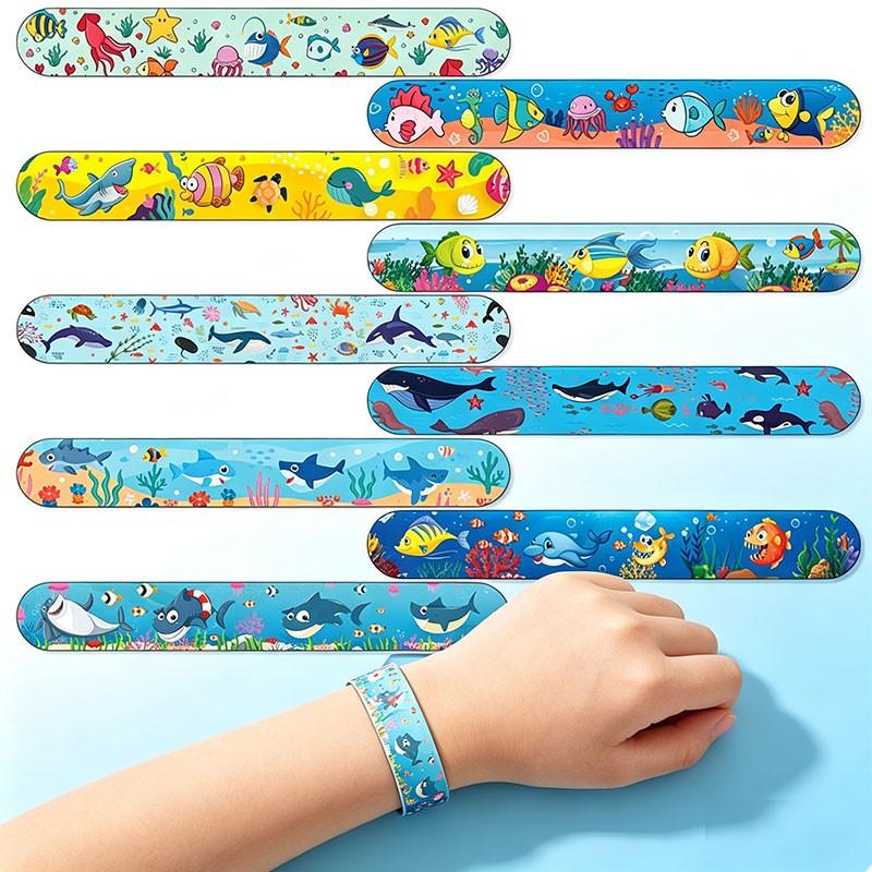 24pcs Ocean Quicksand Slap Bracelet, Mermaid Seashell Wristband, Colorful Marine Animal Snap Band, Assorted Designs, Beach Summer Decor Gift