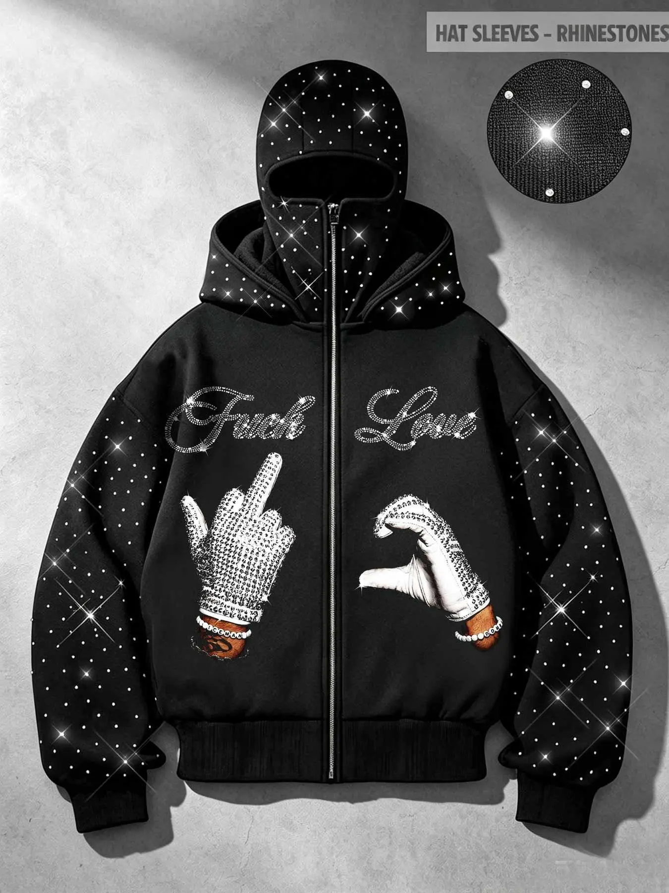 Y2K Rhinestone Balaclava Zip Up Hoodie, Unisex Shiny Diamond Gloves Graphic Fleece Lined Warm Jacket, Double Hood Hip Hop Streetwear Black Sweatshirt