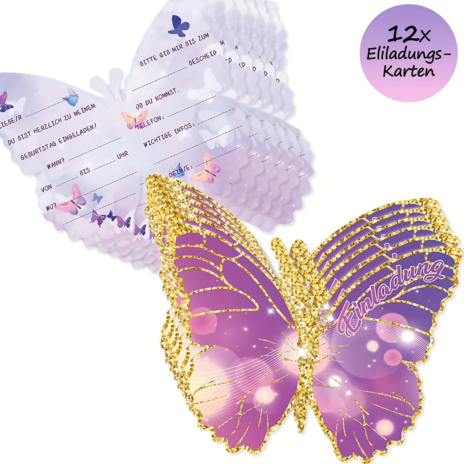 12 Birthday Invitations for Kids Party, Butterfly Design Cards, Perfect for Boys & Girls, Size 12x10cm, Ideal for Children Birthdays