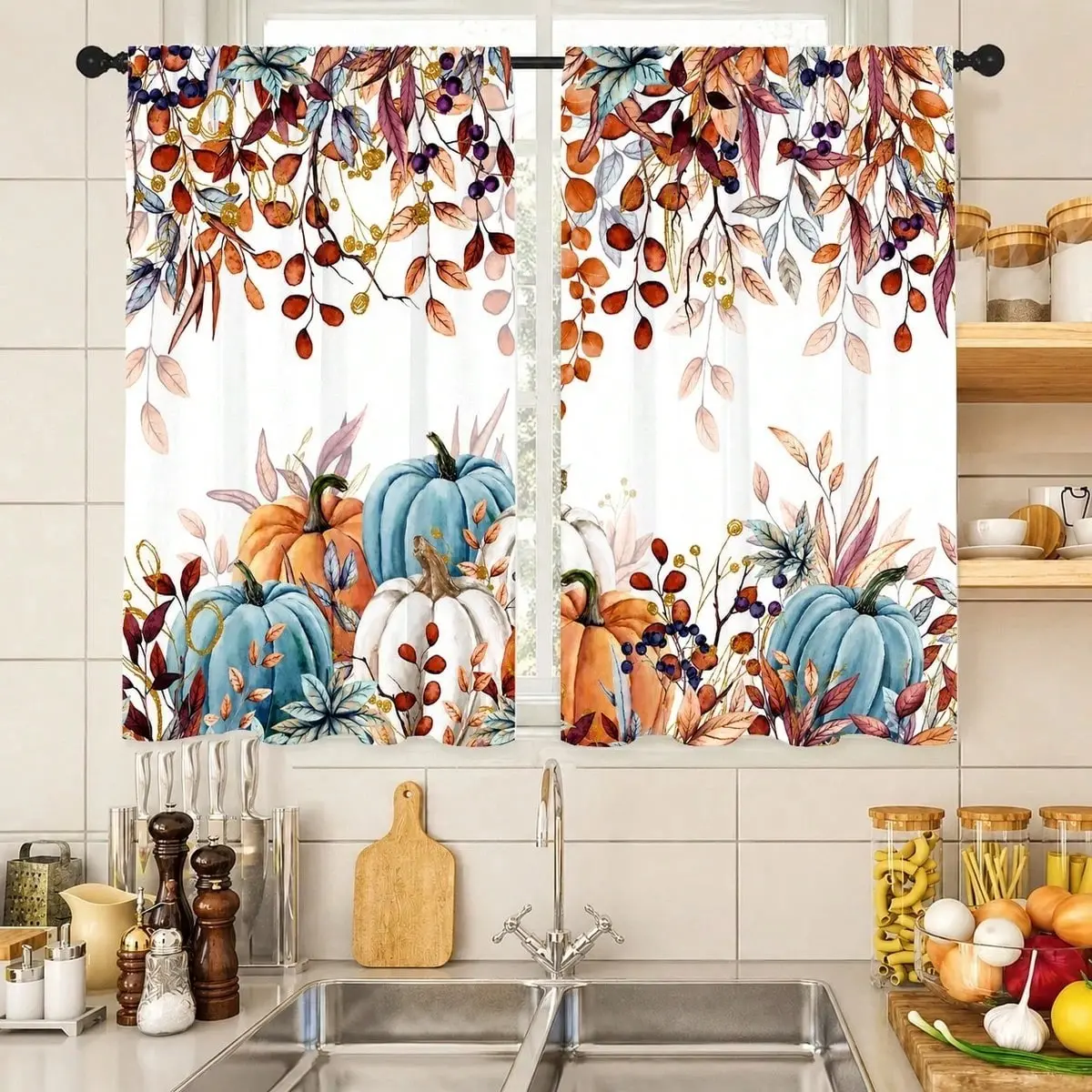 2-Pack Autumn Pumpkin Leaf Pattern Curtains, Light Filtering, Living Room Bedroom Kitchen Decor, Privacy Sunshade, Semi-Transparent Rod Pocket Design