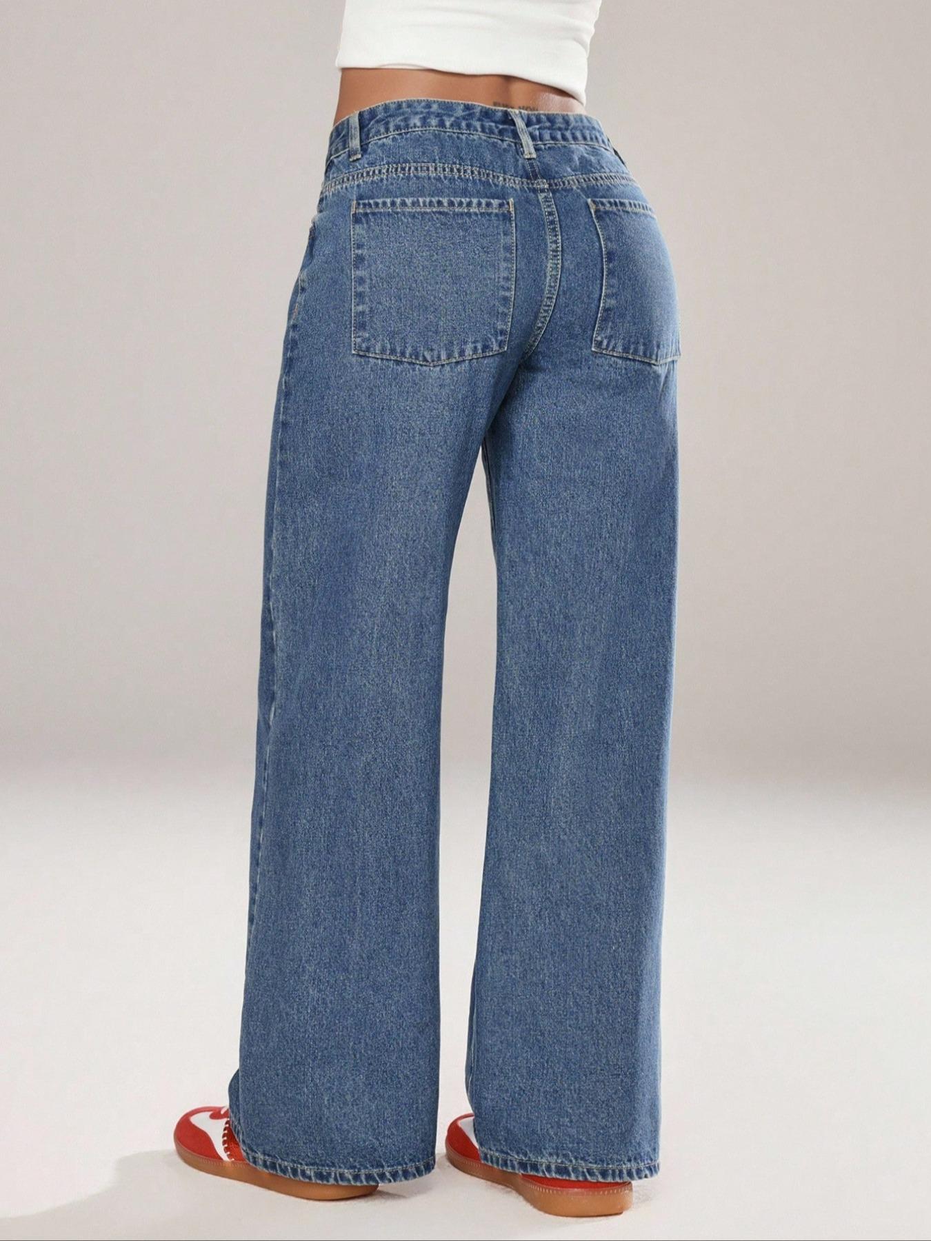 Women's Mid-Waist Wide Leg Straight Denim Jeans, Trendy Coffee Casual Fashion, Zipper Fly, Pockets, All Seasons, Pants