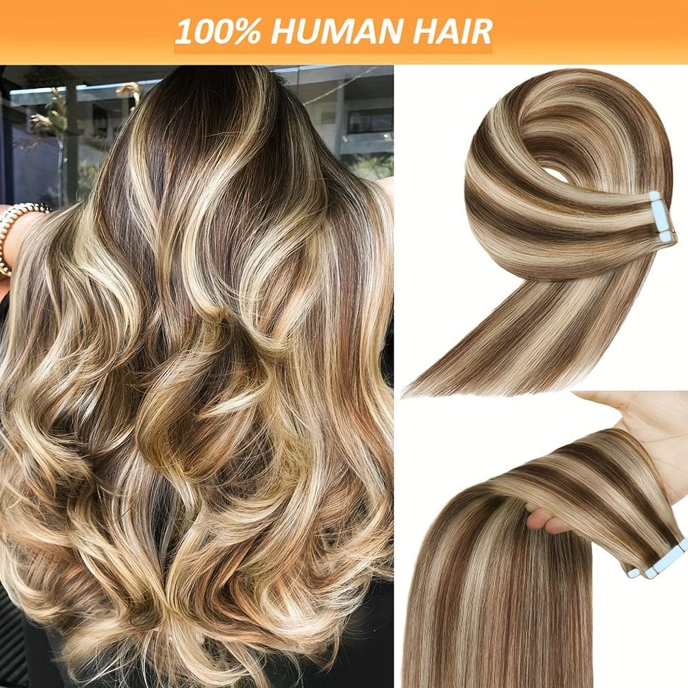 Women's Real Human Hair Tape-In Extensions, 1-4 Packs Long Strands 18-26 Inch Soft Straight Seamless Dark Brown to Blonde Highlights, Smooth Texture Easy Apply for 2 Glam Hairstyle Upgrades