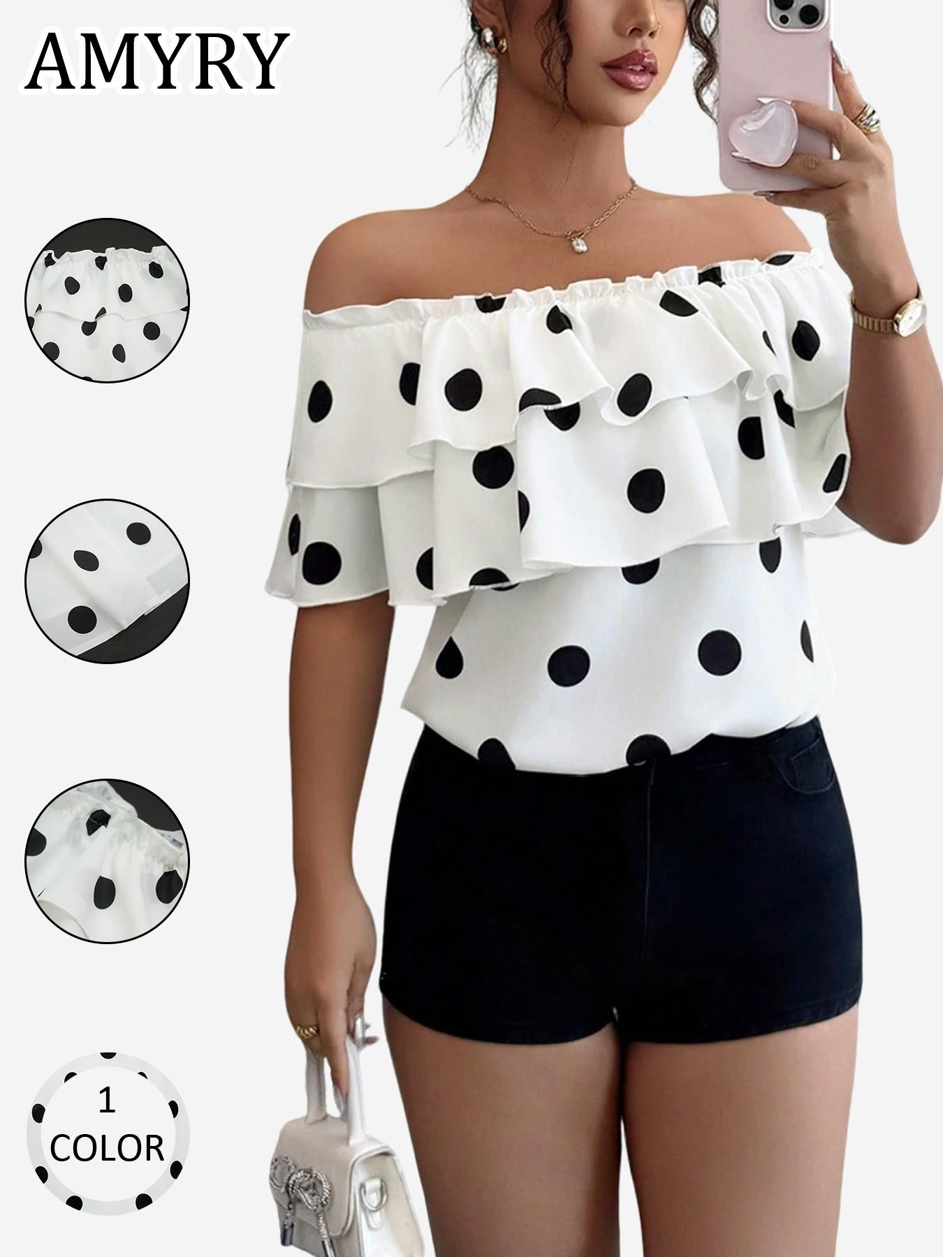 New Women's Polka Dot Top 2026, Casual Floral Print Layered Ruffled Shoulder Short Sleeve Shirt, Fashionable Ladies' Clothing