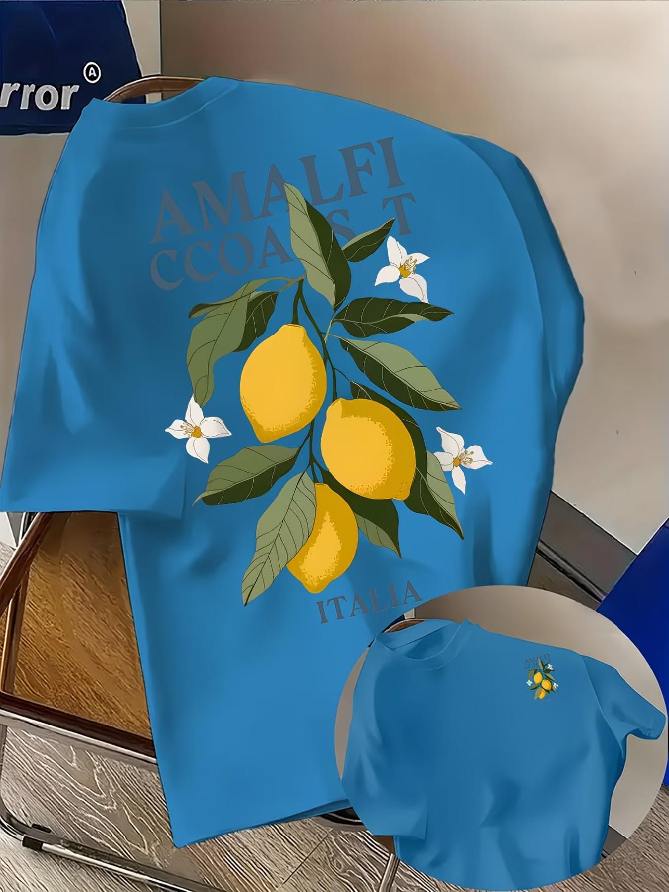 Men's Casual Amalfi Coast Lemon Print T-Shirt, Fashion Double-Sided Print, Lightweight Elastic, Regular Fit, Summer Streetwear