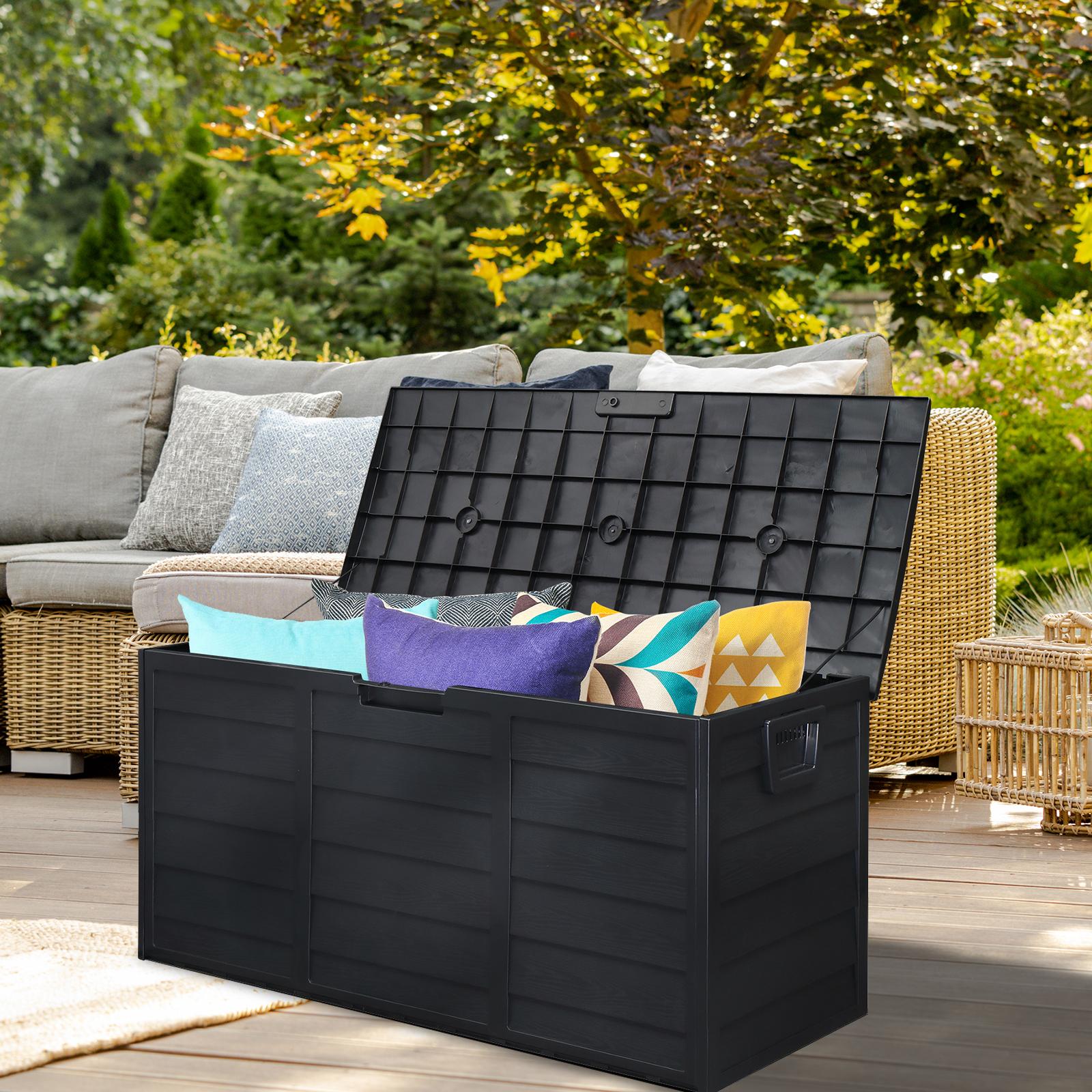 75 Gallon Outdoor Storage Box, Weatherproof Wood-Look Deck Box with Wheels, Lockable Black Garden Chest for Patio Cushions & Tools