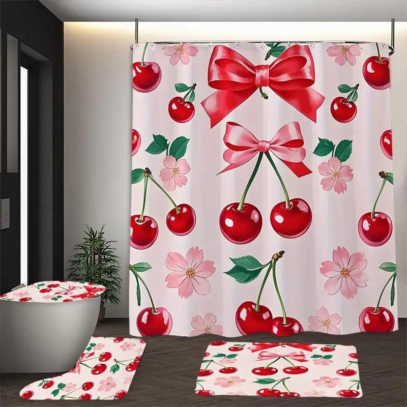 Cherry bow pattern shower curtain set, non-slip mat, U-shaped rug, toilet seat cover, perfect for bathroom decoration accessories, beautifies the space, includes 12 shower curtain hooks.